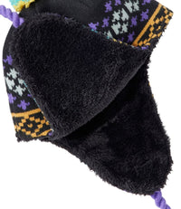 Kids' earflap winter hat with Fair Isle knit pattern and plush black fleece lining, detail view