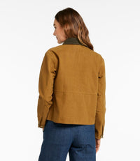Women's field jacket in mustard brown with contrasting olive collar, back view