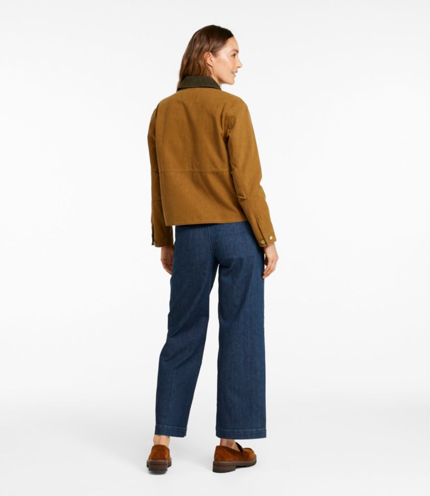 Brown field jacket with contrasting dark collar shown from back view on model