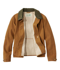 Brown canvas field jacket with olive collar shown open revealing cream lining