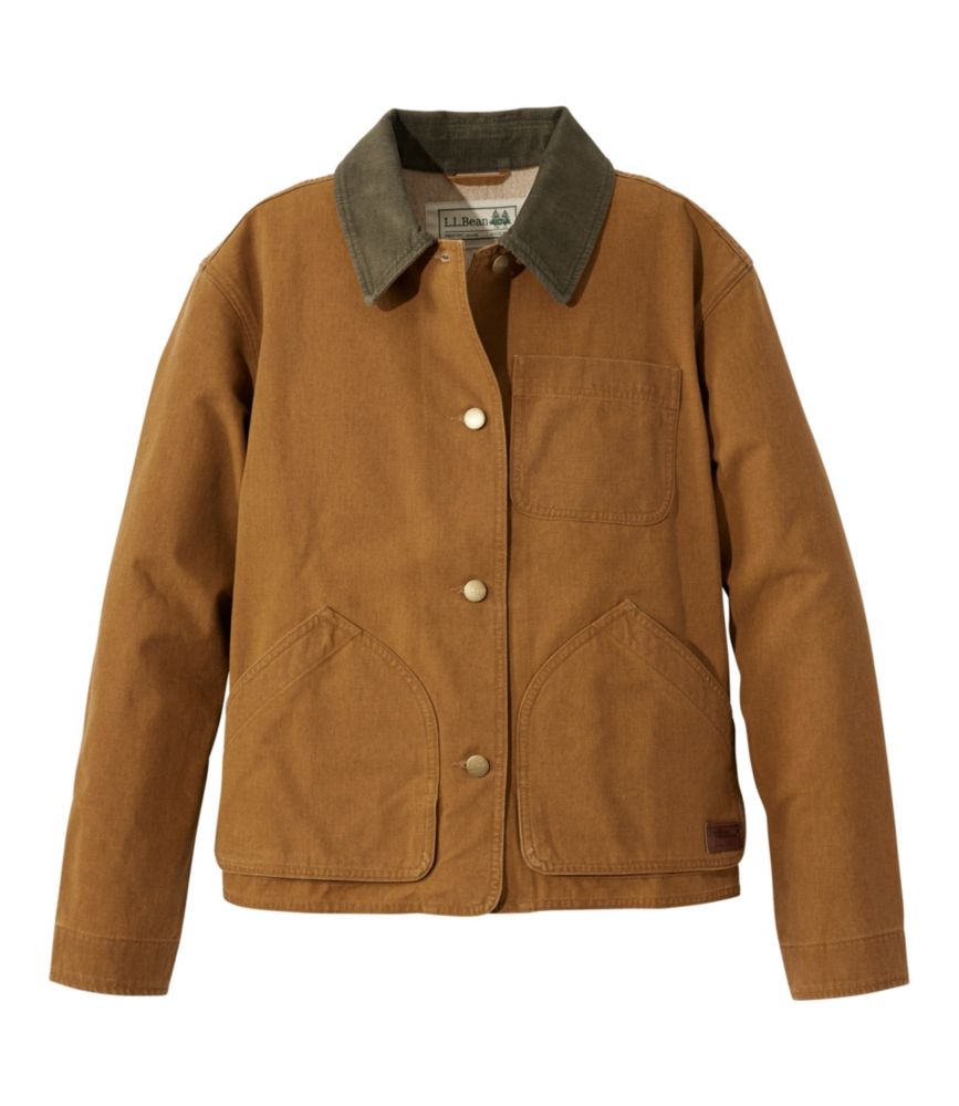 Brown canvas field jacket with contrasting olive collar and front button closure