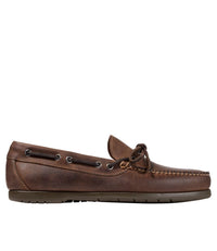 Brown leather moccasin loafer with lace detail and rubber sole, side view