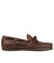 Brown leather moccasin loafer with lace detail and rubber sole, side view