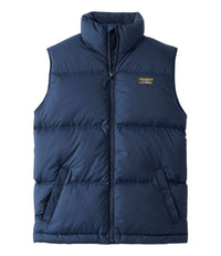 Men's navy blue quilted puffer vest with stand collar, full zip, and front pockets