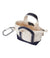 Miniature canvas tote bag with navy trim, zipper top, carry handle, and silver carabiner clip