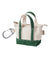 Miniature canvas tote bag with green trim and handles, zipper top, and carabiner clip