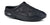 Black quilted slip-on mule with cushioned footbed and thick supportive sole, angled view