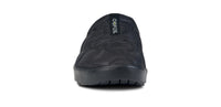 Black quilted slip-on mule shoe with textured upper and cushioned sole, front view