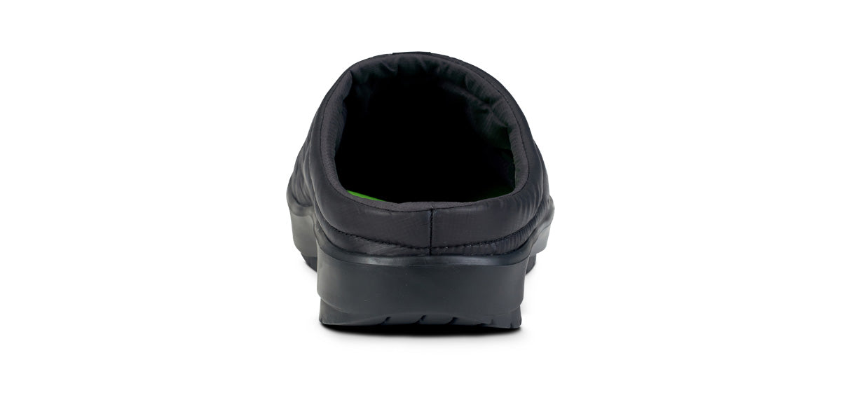 Black slip-on mule clog with cushioned footbed and textured outsole, rear view
