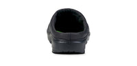 Black slip-on mule clog with cushioned footbed and textured outsole, rear view