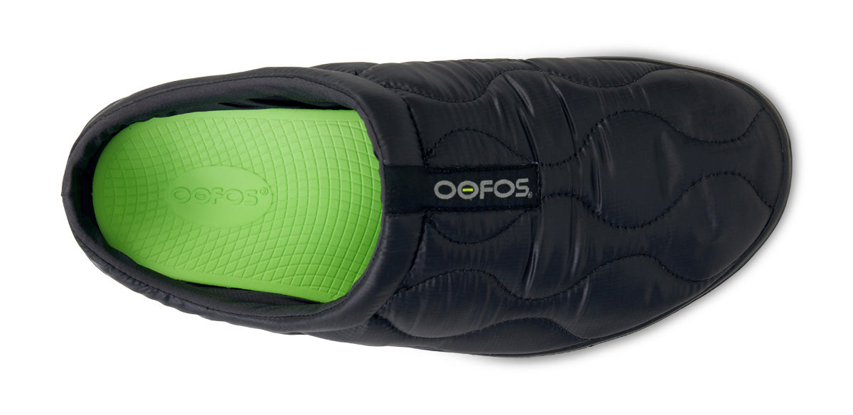 Quilted slip-on mule shoe with lime green cushioned insole, top-down view