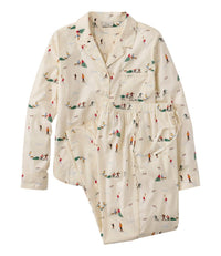 Women's long-sleeve button-front pajama set in cream with winter ski scene novelty print