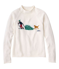 Cream rollneck sweater with intarsia graphic of skier hauling Christmas tree followed by golden dog