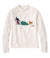 Cream rollneck sweater with intarsia graphic of skier hauling Christmas tree followed by golden dog