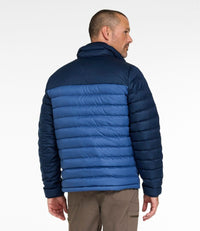Men's puffer jacket back view, two-tone blue colorblock design with quilted baffles and stand collar