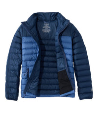 Men's quilted puffer jacket in two-tone navy blue, open front view showing interior lining