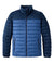 Men's quilted puffer jacket with two-tone navy colorblock design, stand collar, and zip pockets