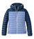 Women's hooded puffer jacket with two-tone blue colorblock design, front zip closure, and side zip pockets