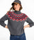Women's mockneck sweater with Fair Isle yoke pattern in charcoal, paired with jeans and cap