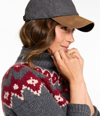 Women's fair isle mockneck sweater in charcoal with red geometric pattern, side detail view
