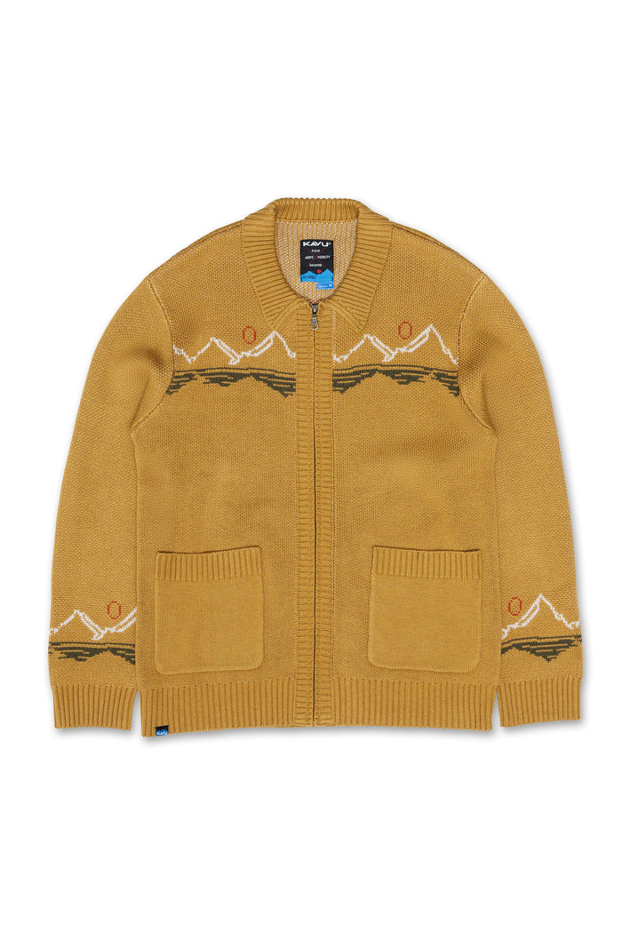 Full-zip knit cardigan sweater in golden mustard with mountain intarsia pattern and front patch pockets