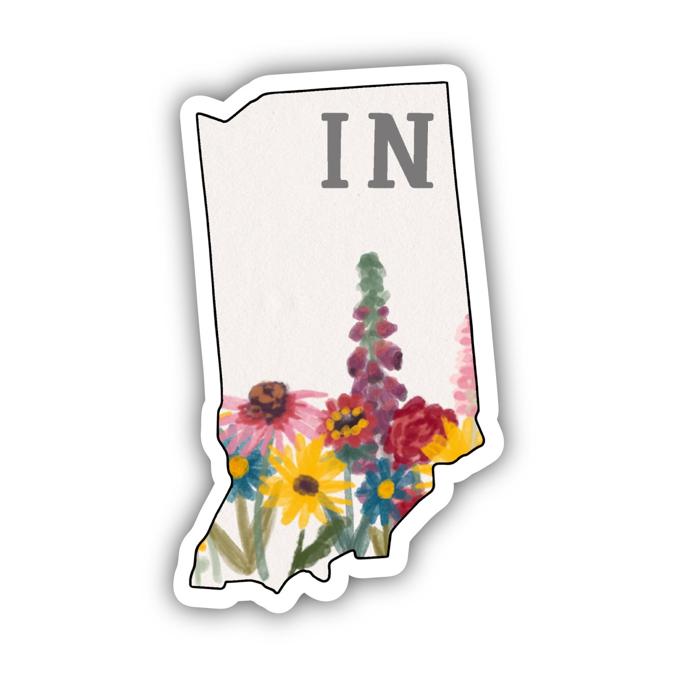 State-shaped sticker with watercolor floral design featuring colorful wildflowers at bottom