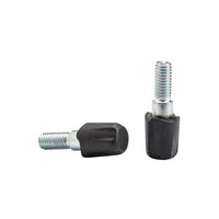 Pair of rubber trekking pole tips with threaded metal bolt shafts, shown from two angles