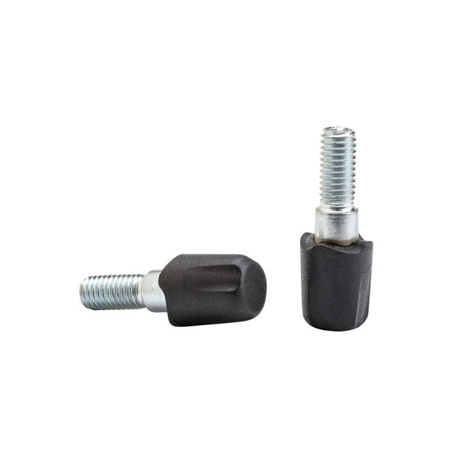 Pair of rubber trekking pole tips with threaded metal bolt shafts, shown from two angles