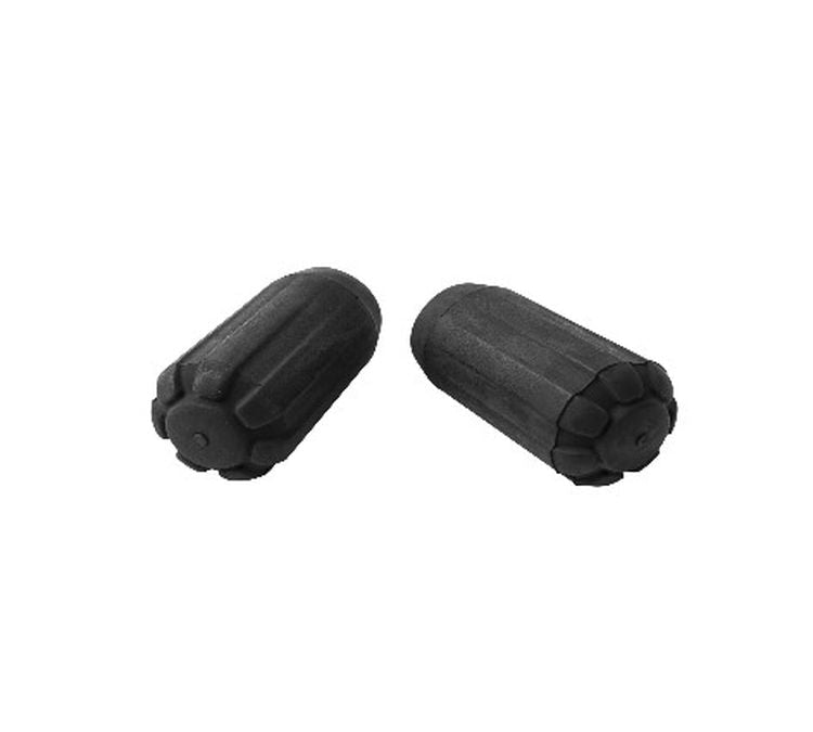 Pair of black rubber trekking pole tip protectors with ribbed texture, studio view