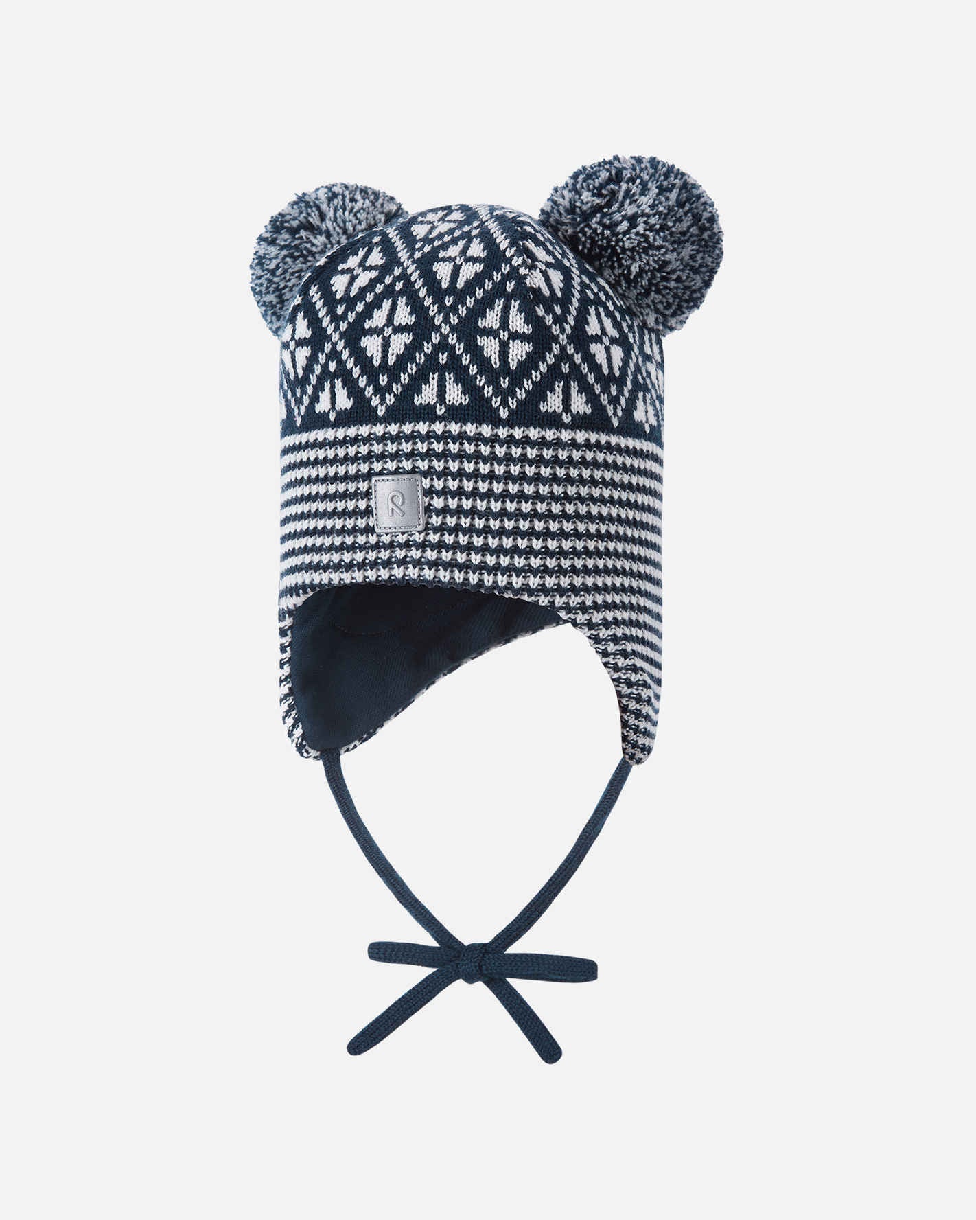 Knitted winter hat with geometric pattern, ear flaps, tie strings, and two pom-poms