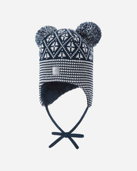 Knitted winter hat with geometric pattern, ear flaps, tie strings, and two pom-poms