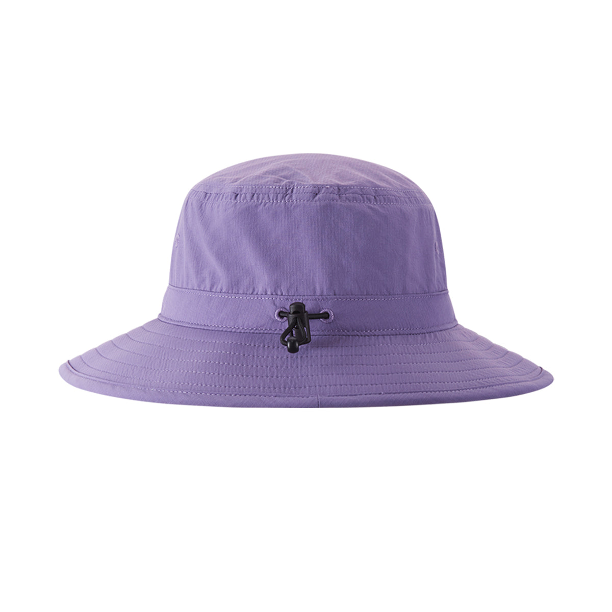 Purple sun hat with wide brim and adjustable drawstring, side profile view