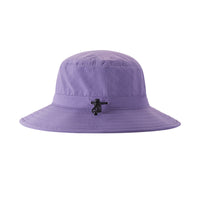 Purple sun hat with wide brim and adjustable drawstring, side profile view