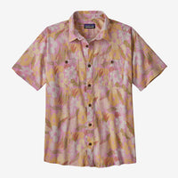 Short sleeve button-up shirt with tropical floral pattern in pink and orange tones