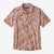 Short sleeve button-up shirt with tropical floral pattern in pink and orange tones