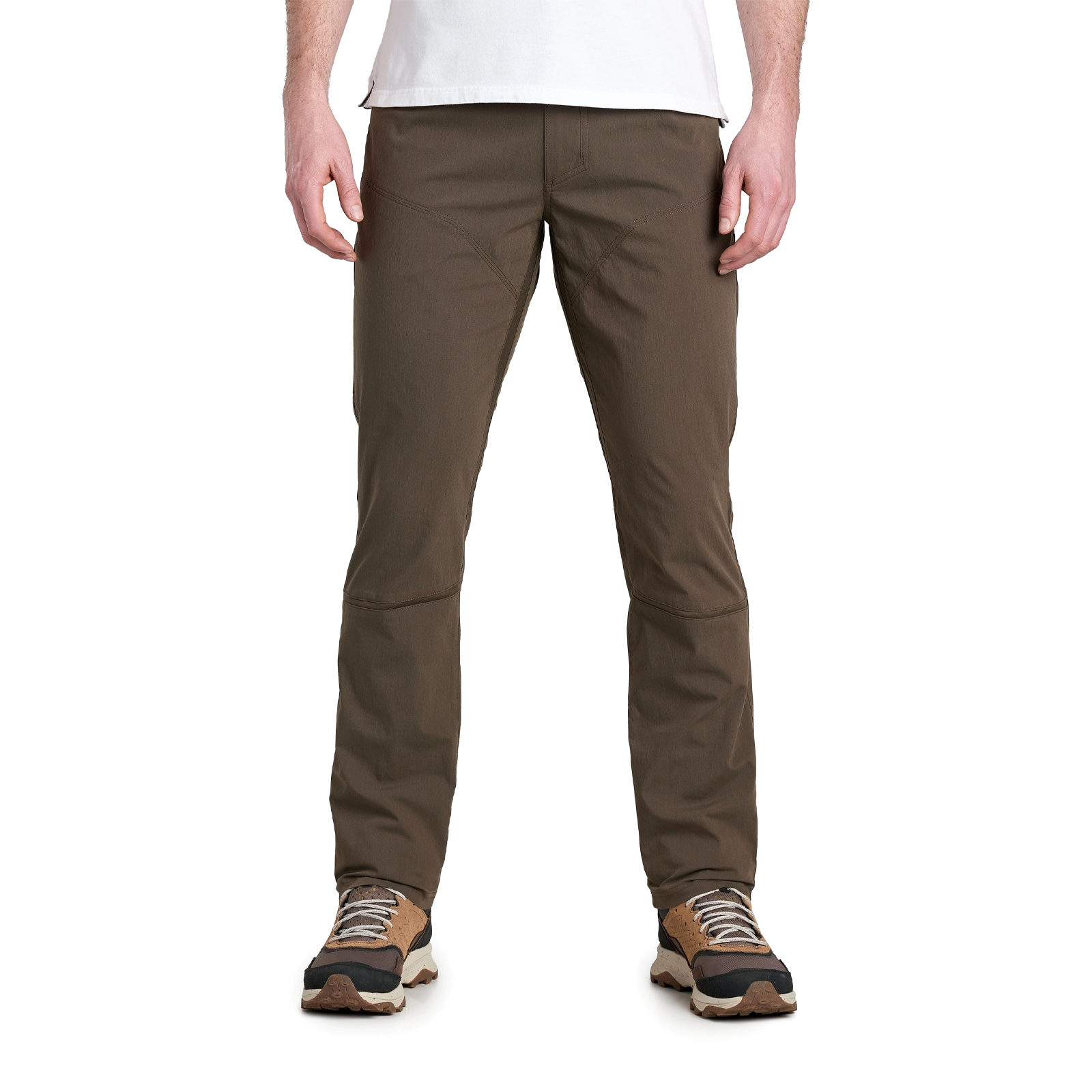 Men's slim-fit outdoor hiking pants in dark olive, front view, worn with trail shoes