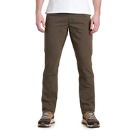 Men's slim-fit outdoor hiking pants in dark olive, front view, worn with trail shoes