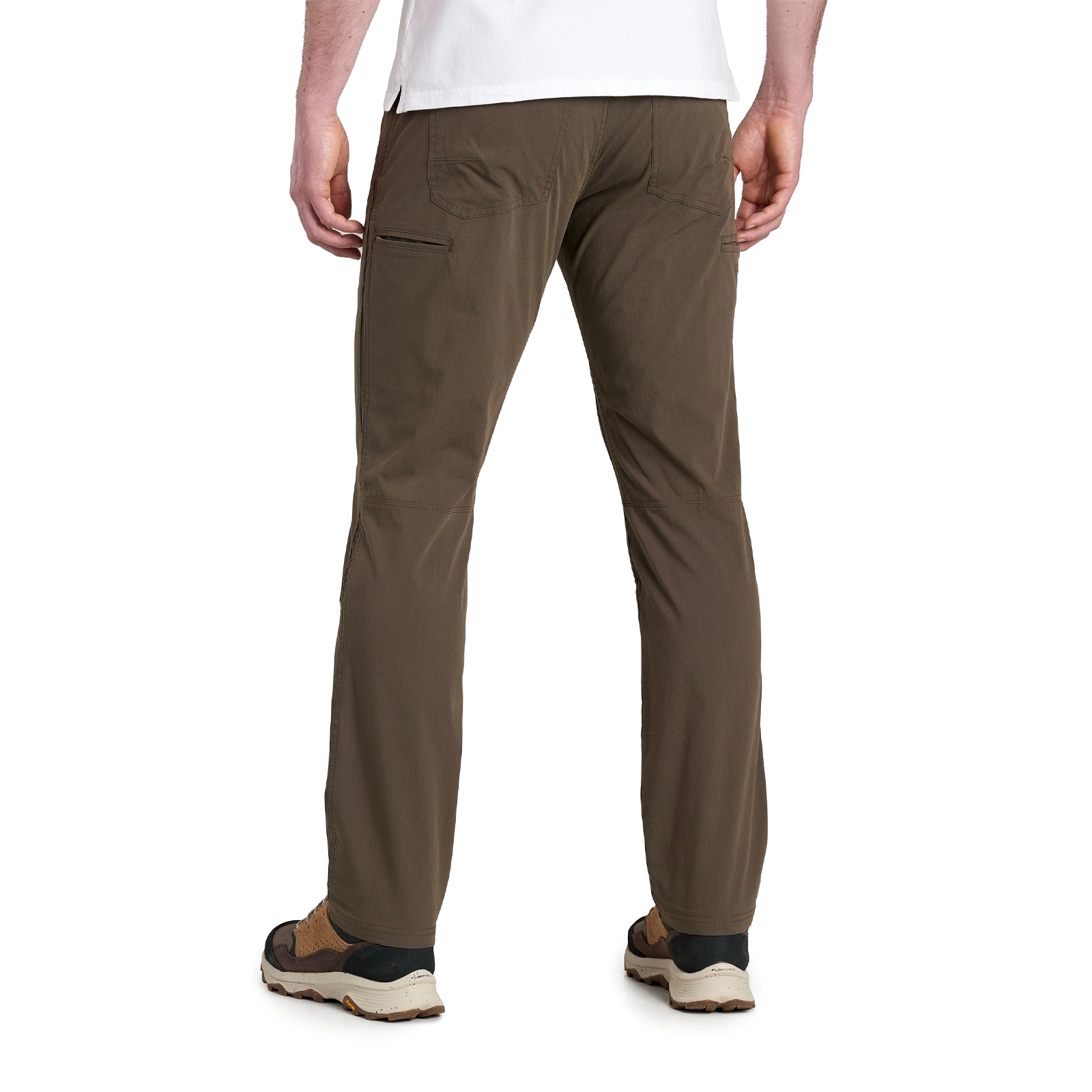 Men's slim-fit outdoor pants in olive brown, back view showing rear pockets and articulated knees