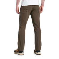 Men's slim-fit outdoor pants in olive brown, back view showing rear pockets and articulated knees