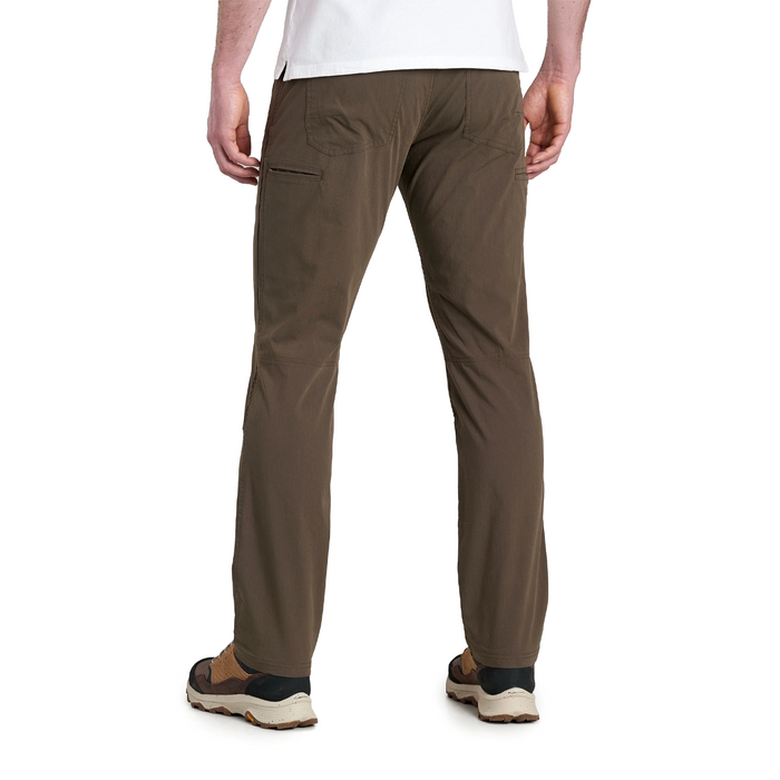 Men's slim-fit outdoor pants in olive brown, back view showing rear pockets and articulated knees