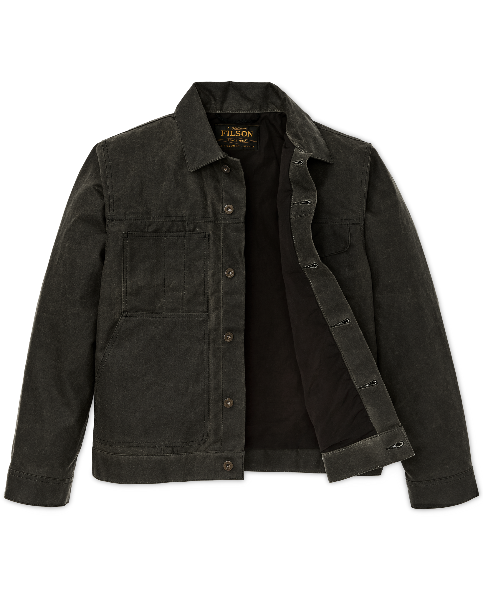 Dark charcoal button-front lined cruiser jacket with chest pocket and spread collar, open front view