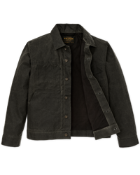 Dark charcoal button-front lined cruiser jacket with chest pocket and spread collar, open front view