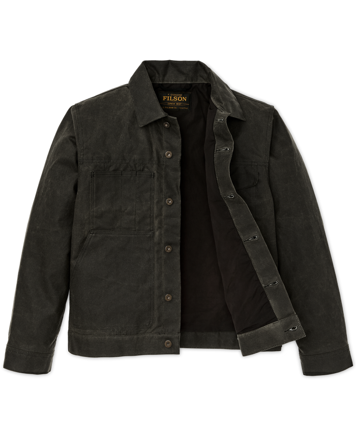 Dark charcoal button-front lined cruiser jacket with chest pocket and spread collar, open front view