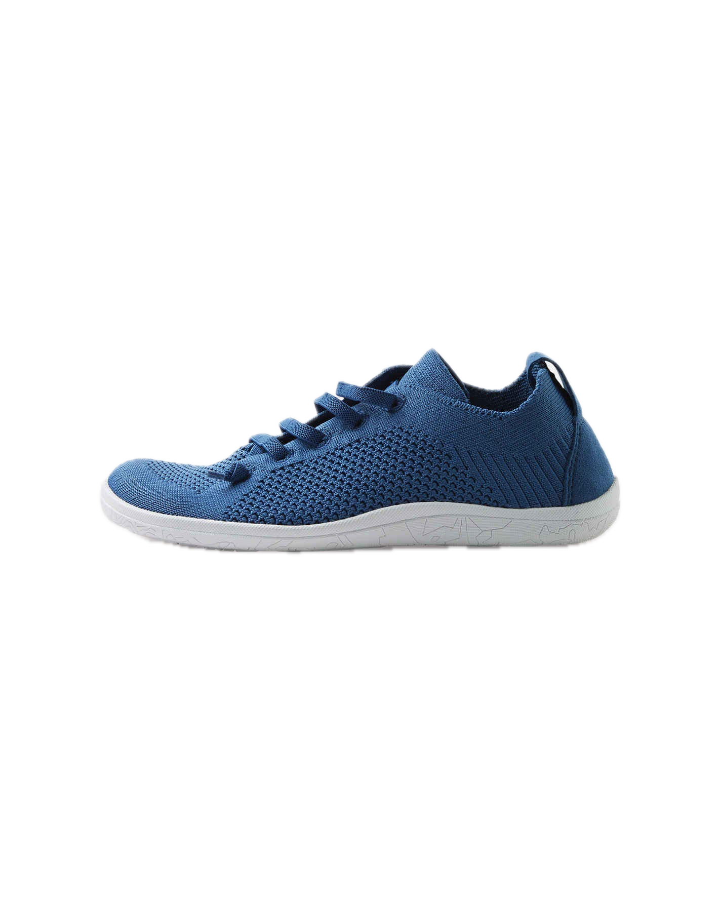 Blue knit sneaker with mesh upper and white sole, side view profile