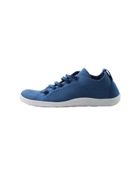 Blue knit sneaker with mesh upper and white sole, side view profile