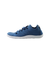 Blue knit sneaker with mesh upper and white sole, side view profile