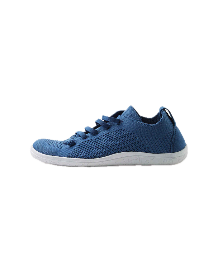 Blue knit sneaker with mesh upper and white sole, side view profile