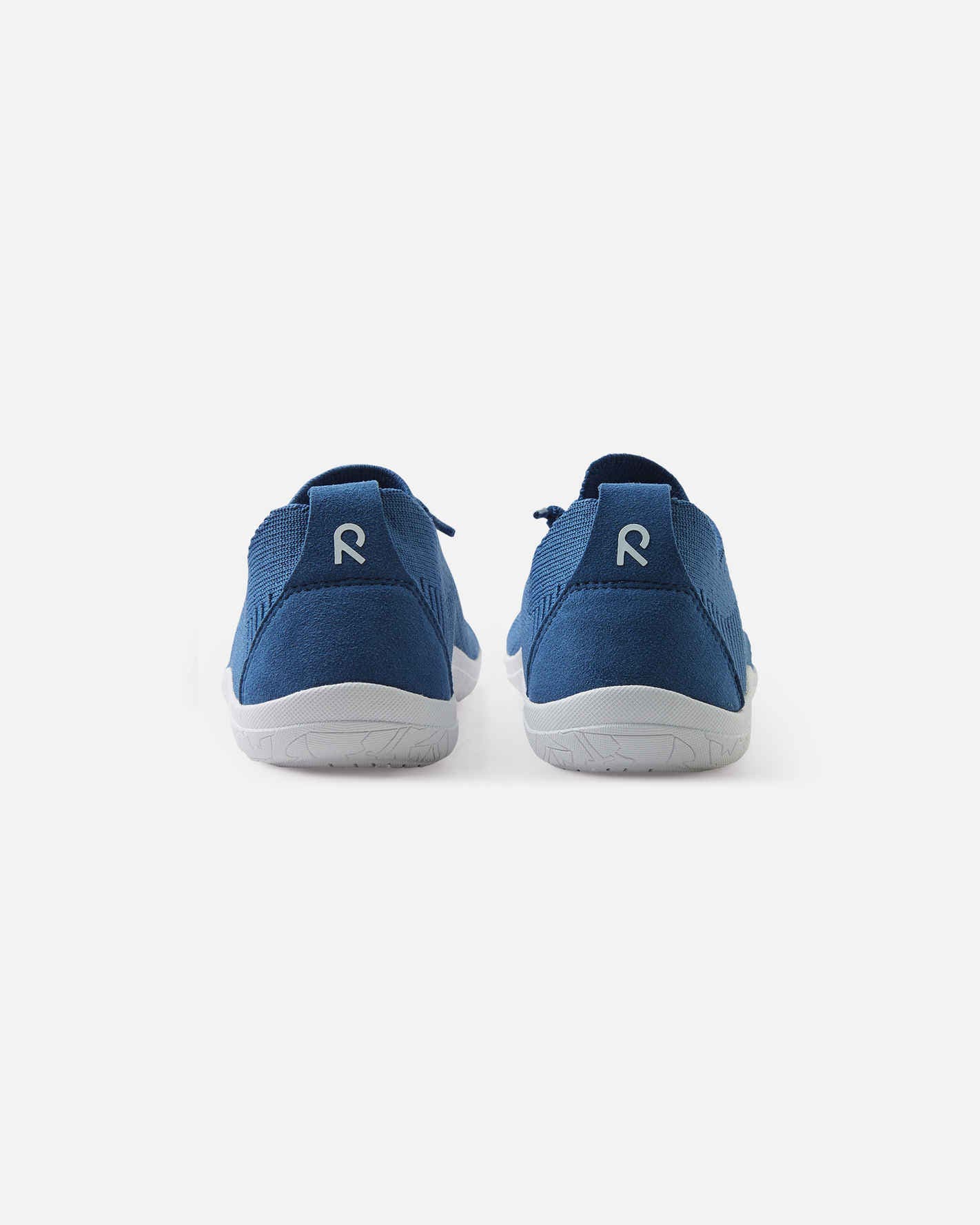 Blue children's barefoot shoes with mesh upper and white sole, rear view