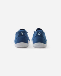Blue children's barefoot shoes with mesh upper and white sole, rear view