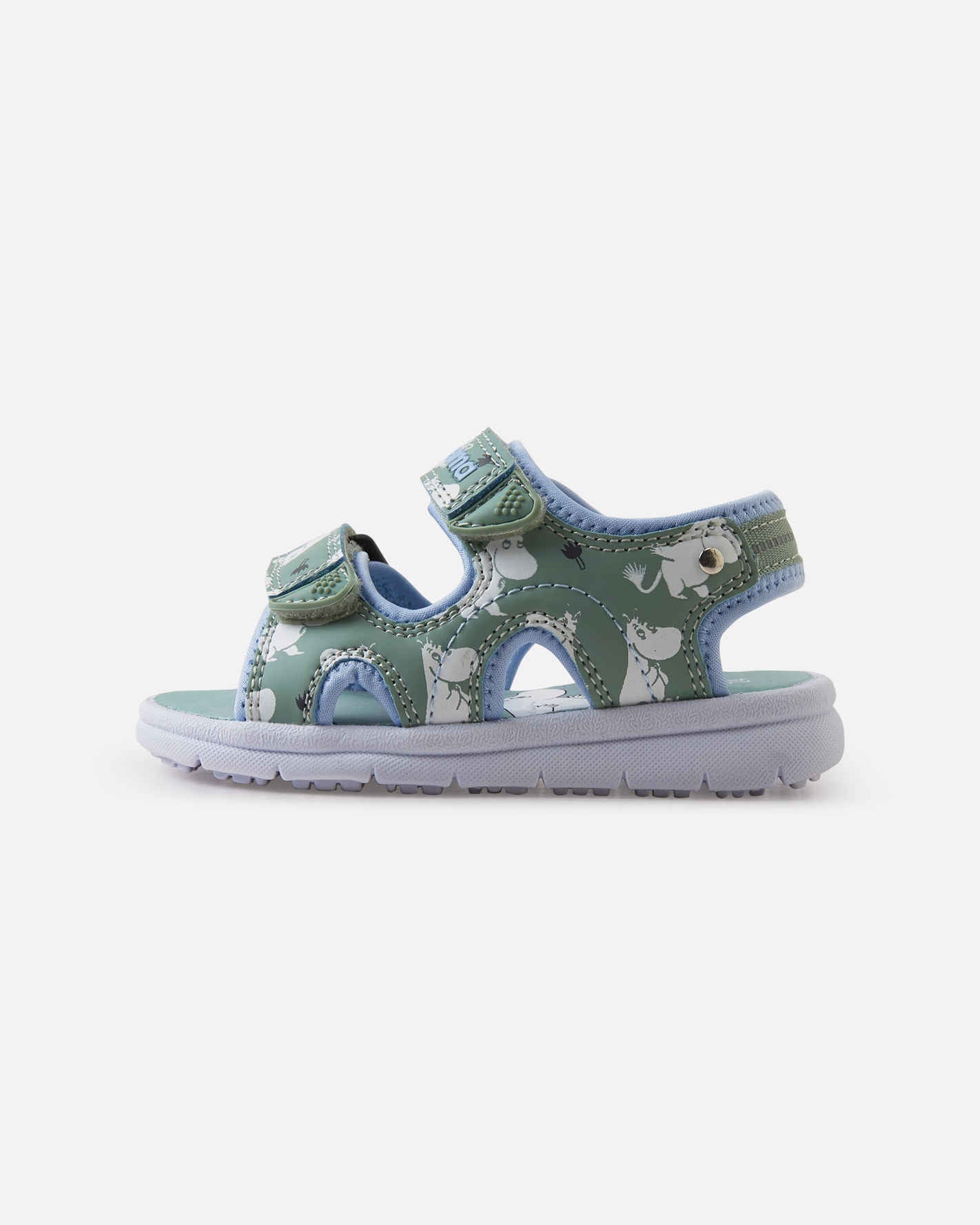 Children's sandal with character print pattern, dual velcro straps and chunky sole, side profile view